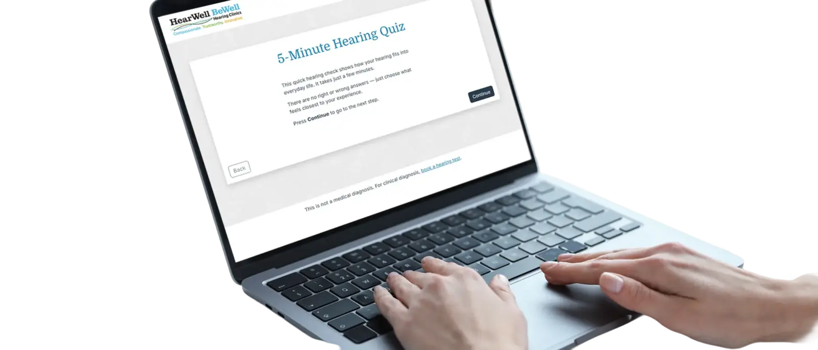 Online hearing quiz displayed on a laptop screen